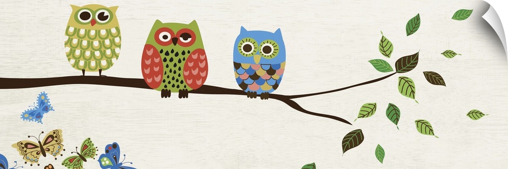 Contemporary artwork of owls in multiple colors perched on a branch.