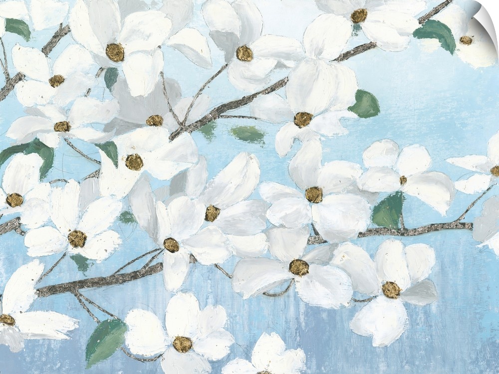 Contemporary painting of dogwood flowers with a light blue background.