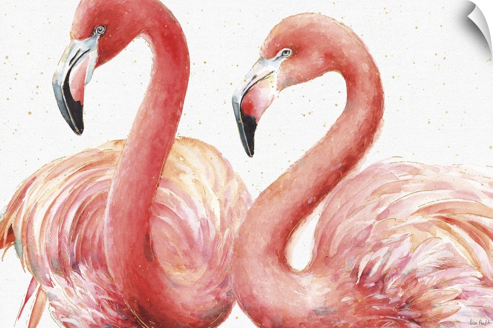 Rectangular watercolor painting of two pink flamingos with metallic gold highlights and little dots.