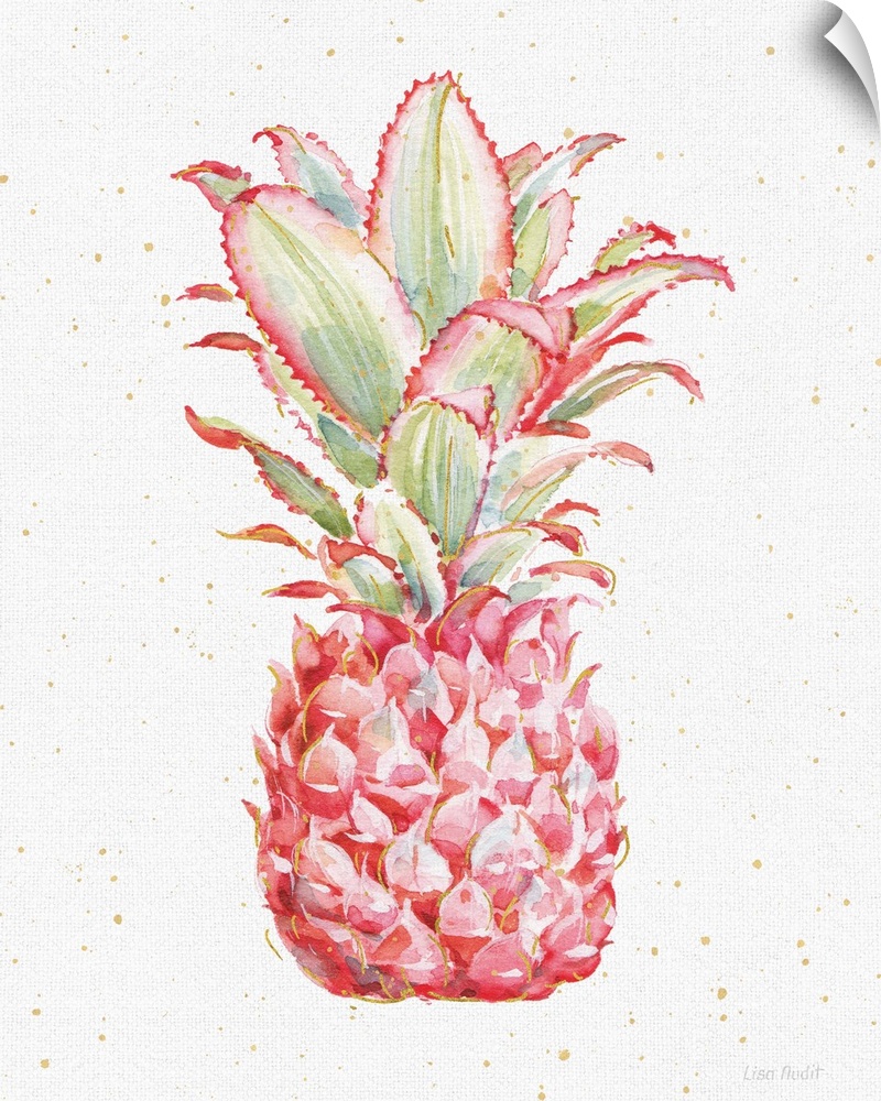 A tropical watercolor painting of a pink pineapple with metallic gold highlights and dots.