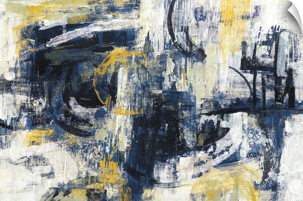 Contemporary abstract painting with dark indigo and black hues and pops of yellow and white to add brightness.