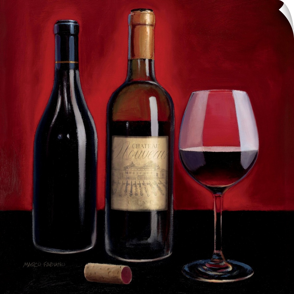 Contemporary painting of a glass of red wine with two wine bottle next to it.