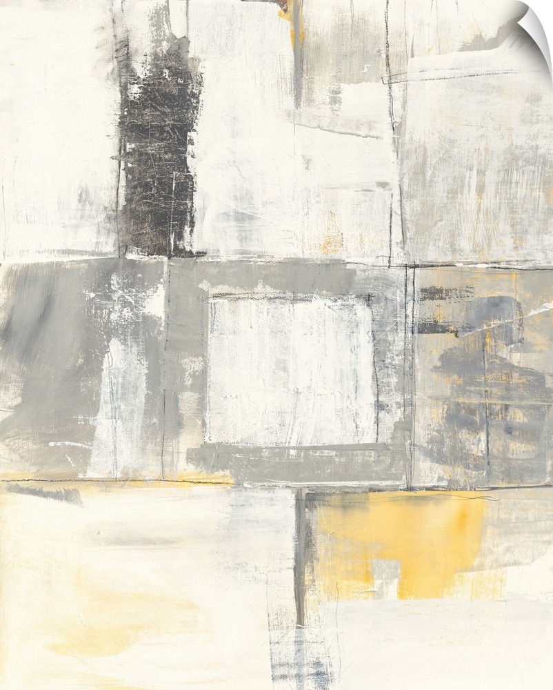 A muted vertical abstract featuring square shapes and yellow accents.