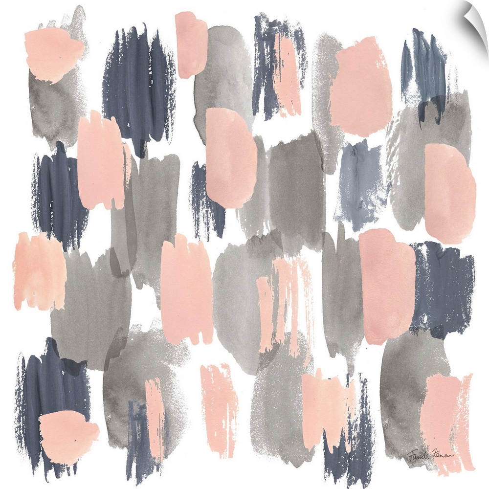 Decorative artwork featuring short vertical brush strokes in gray, pink and subdued blue.