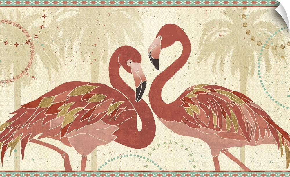 Contemporary artwork of two flamingos in dark pink, tones with gilded feathers against a tropical themed background.