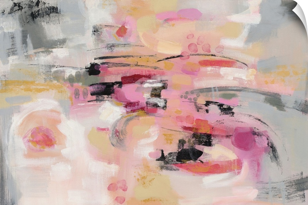 A horizontal abstract image in shades of pink, yellow and gray.