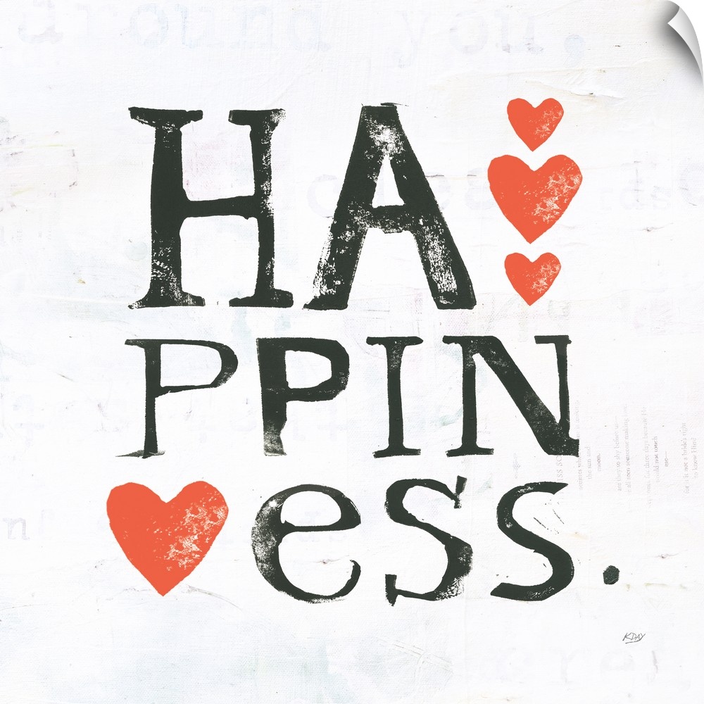 Square painting with the word "happiness" written in three lines with red hearts on a white background with faded text and...