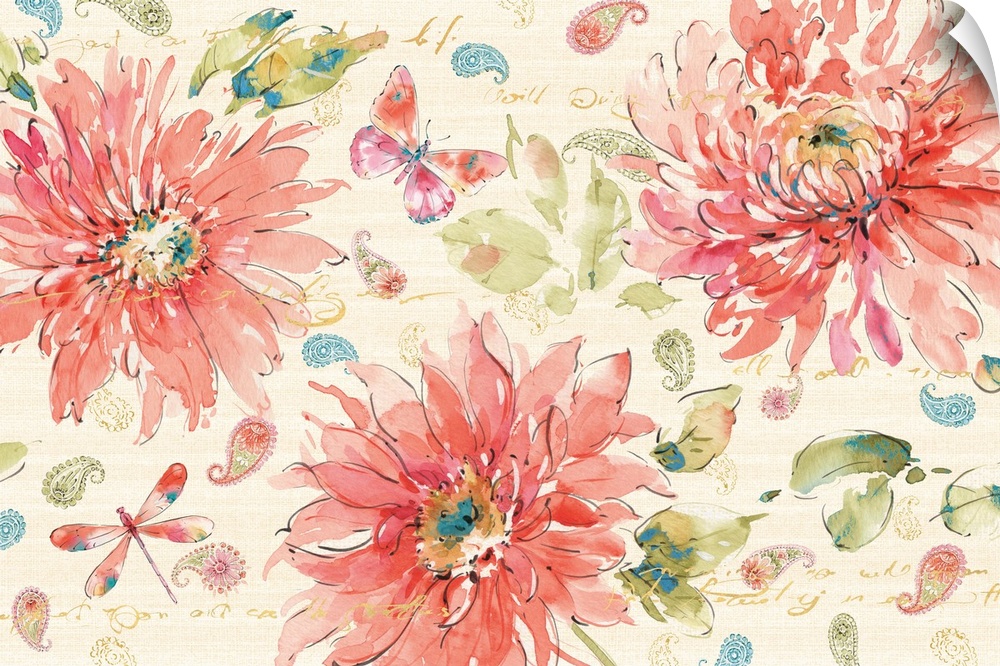 Contemporary watercolor artwork of pink flowers against a neutral background.