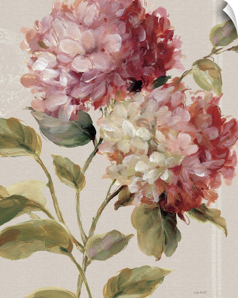 Contemporary painting of pink hydrangeas against a neutral background.