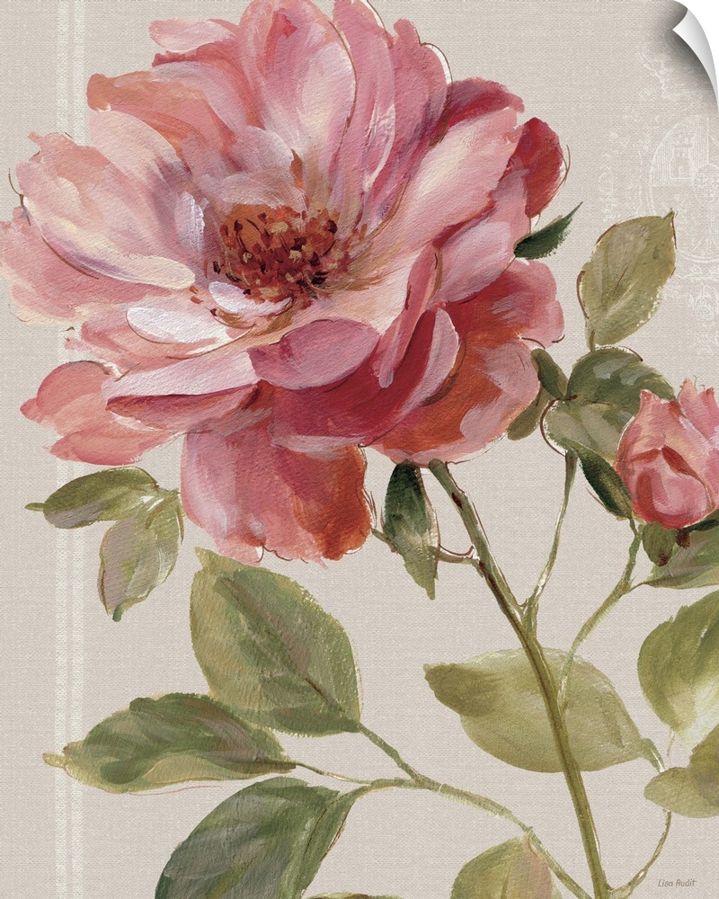 Contemporary painting of a pink rose against a neutral background.