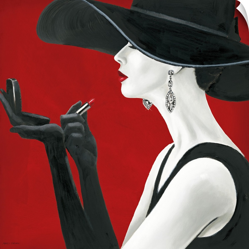 A square painting of a pale woman in profile wearing a black dress, an enormous hat, and elbow length gloves applying lips...