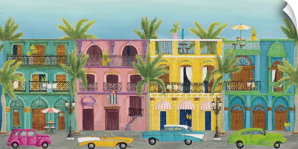 Horizontal contemporary painting of colorful buildings in Havana with vintage cars parked out front.