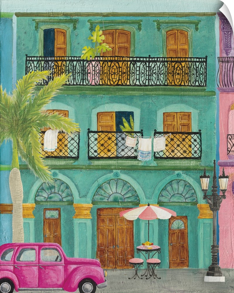 Vertical contemporary painting of a colorful teal building in Havana with a pink vintage car parked out front.