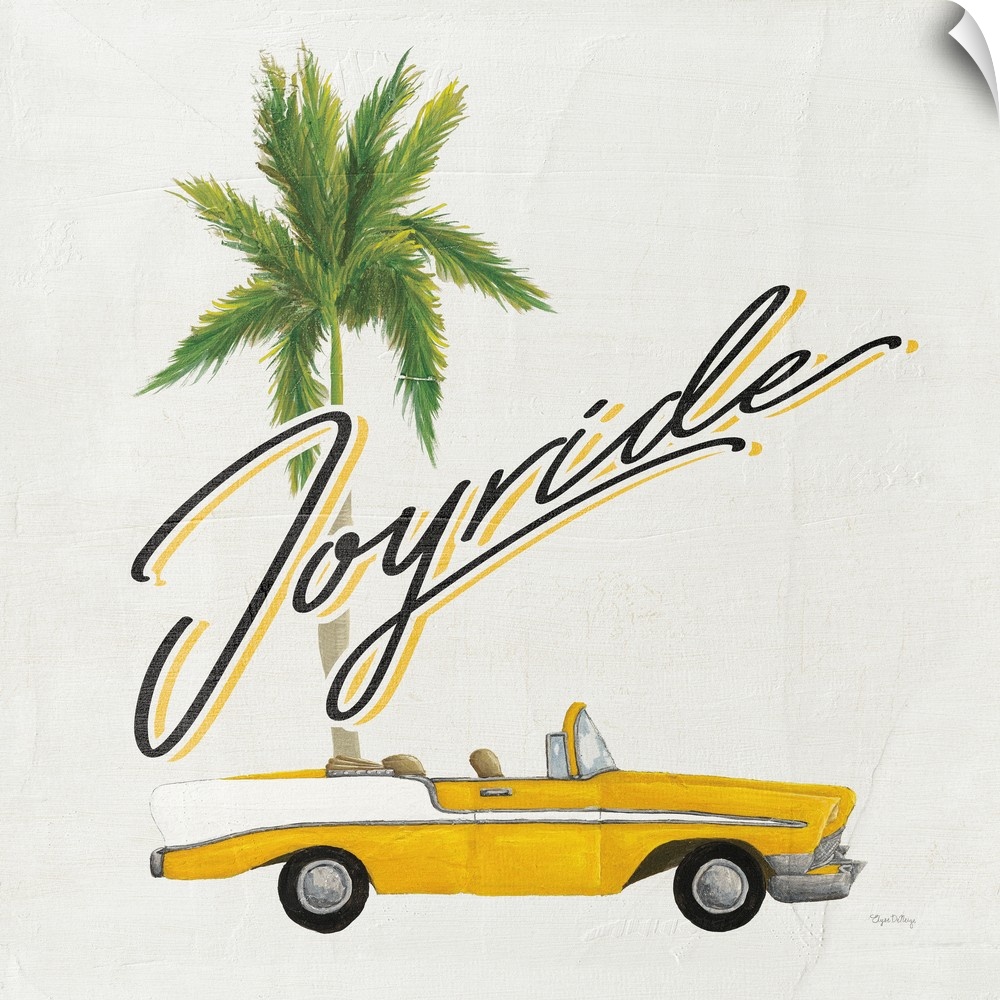 Square contemporary design of a classic car and palm tree with the text "Joyride".