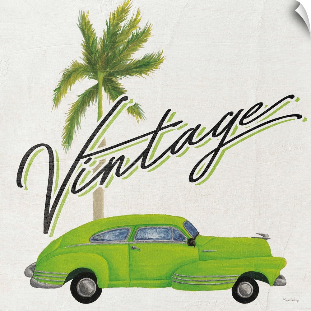 Square contemporary design of a classic car and palm tree with the text "Vintage".
