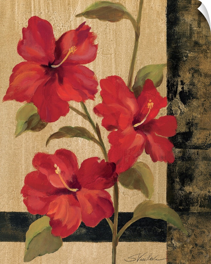 Contemporary painting of three tropical flowers on one long stem against an earthy, textured backdrop.
