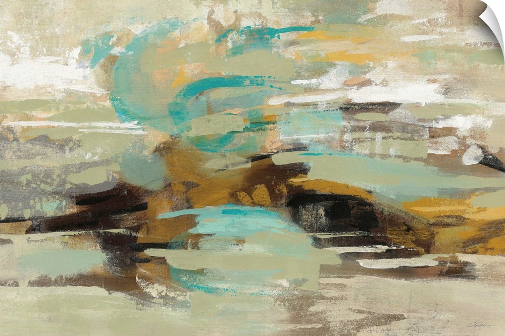 Large abstract painting made with horizontal brushstrokes and green, gold, blue, and brown hues, resembling a lagoon.