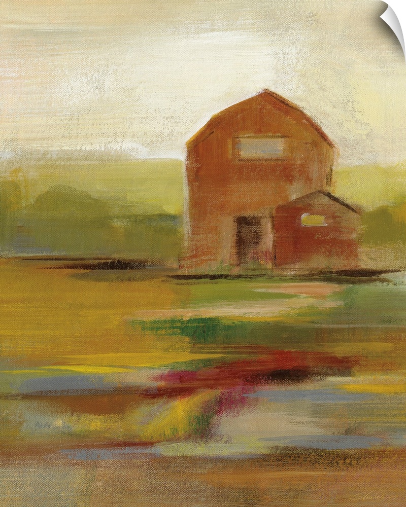 Contemporary painting of a barn with an abstract landscape in an Autumn color palette.