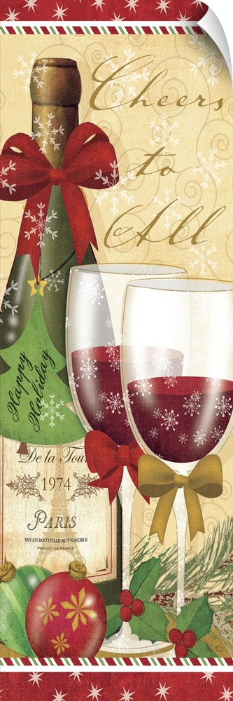 Contemporary artwork of a Christmas scene of glasses of red wine next to a bottle of wine.