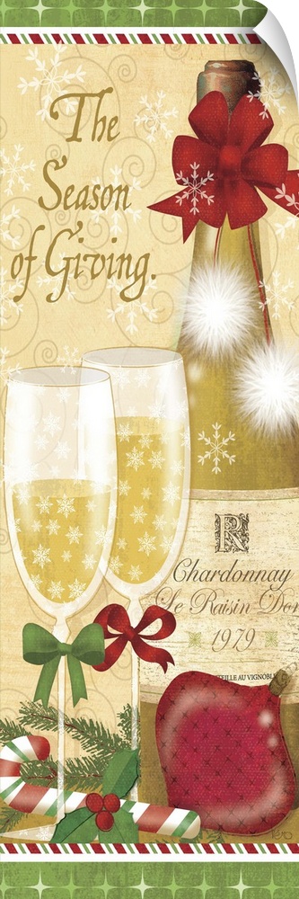 Contemporary artwork of a Christmas scene of glasses of champagne next to a champagne bottle.