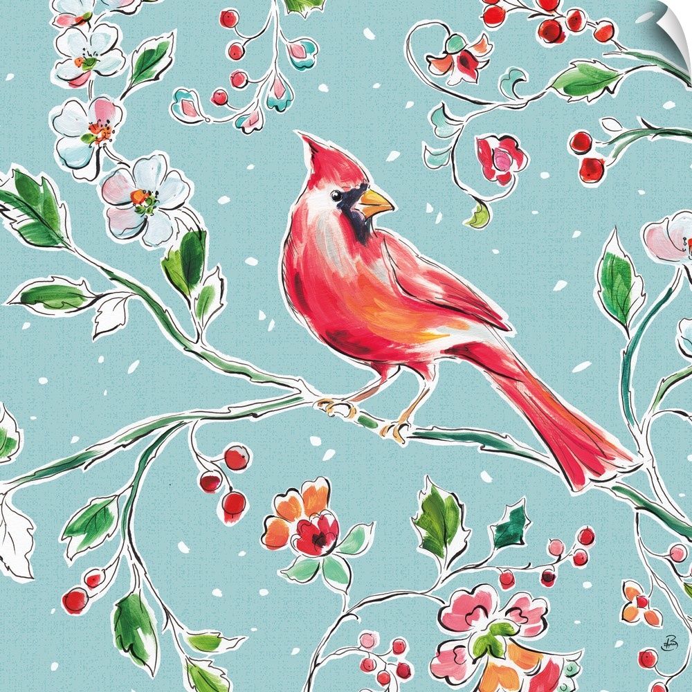 Seasonal decor of a cardinal perched on a branch with flowers and berries on a light blue background with snow falling.