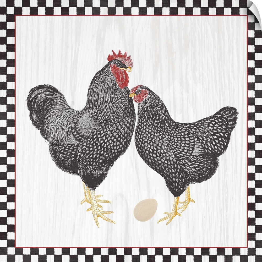 Two roosters with an egg on a wood grain background with a black and white checkered boarder with red trim.