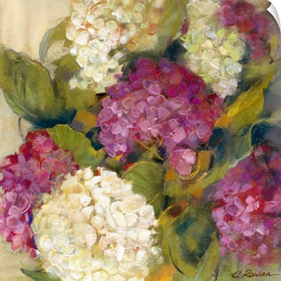Tryptich Large Canvas Art Print - Floral Bouquet on Pink ( Floral & Botanical > Flowers > Hydrangeas art) - 60x60 in