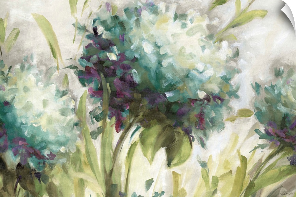 Up-close painting of three blossoming balls of flower in a meadow.