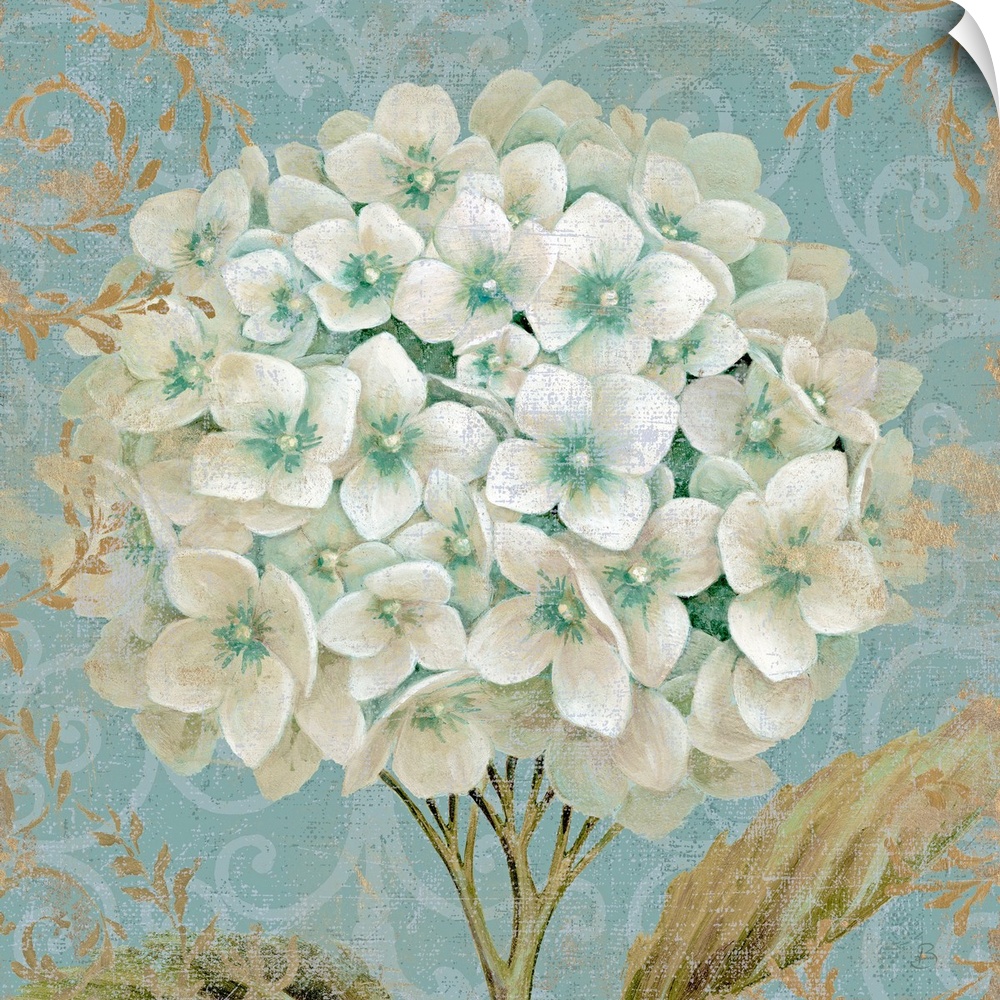 Large square painting of a bouquet of hydrangea flowers with other intricate designs lining the border of the artwork.