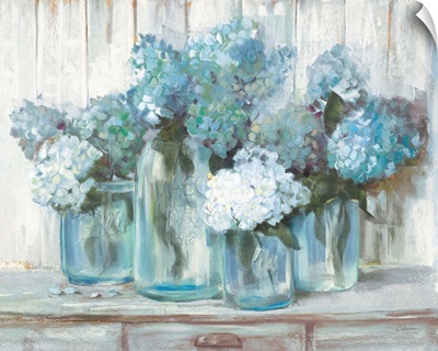 Hydrangeas in Glass Jars Blue