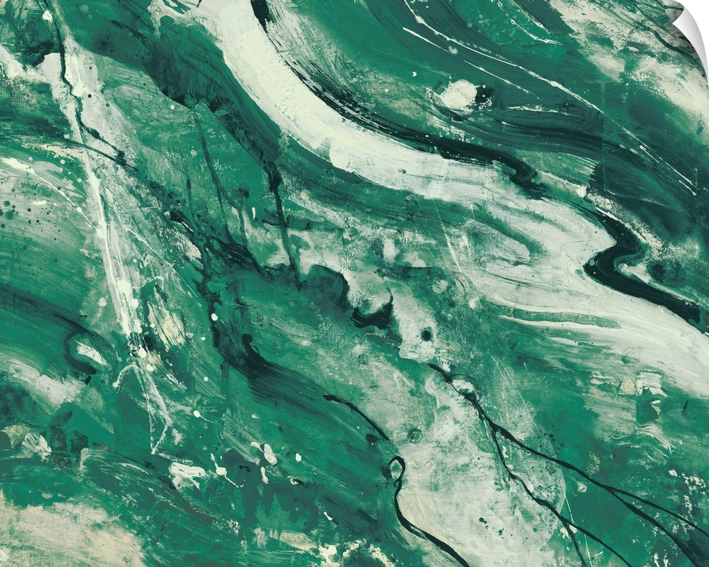 Contemporary abstract painting using green tones and resembling marble.
