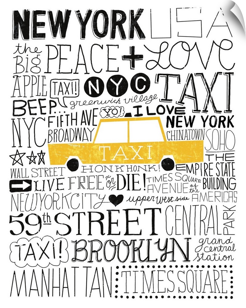 A creative design of a yellow taxi cab with words related to the city of New York all around it.