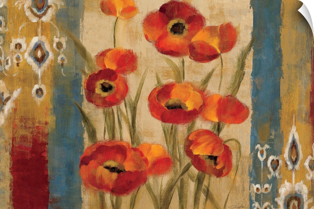 Contemporary painting of flowers on a vertically striped background.  The flowers are flanked by tribal-like designs.