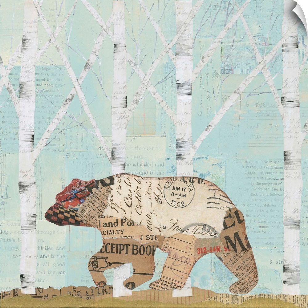 Home decor artwork of a bear made from textiles and newsprint clippings against a pale blue forest background.
