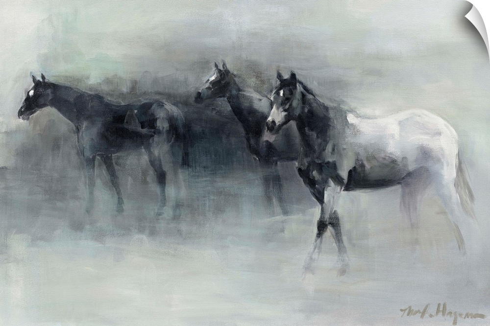 Contemporary painting of three horses walking through the fog.