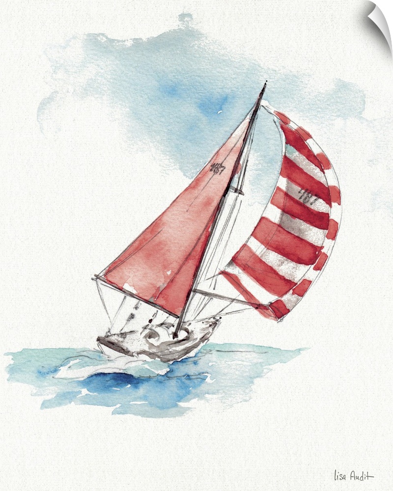 Contemporary artwork of a sailboat with a red and white sail.