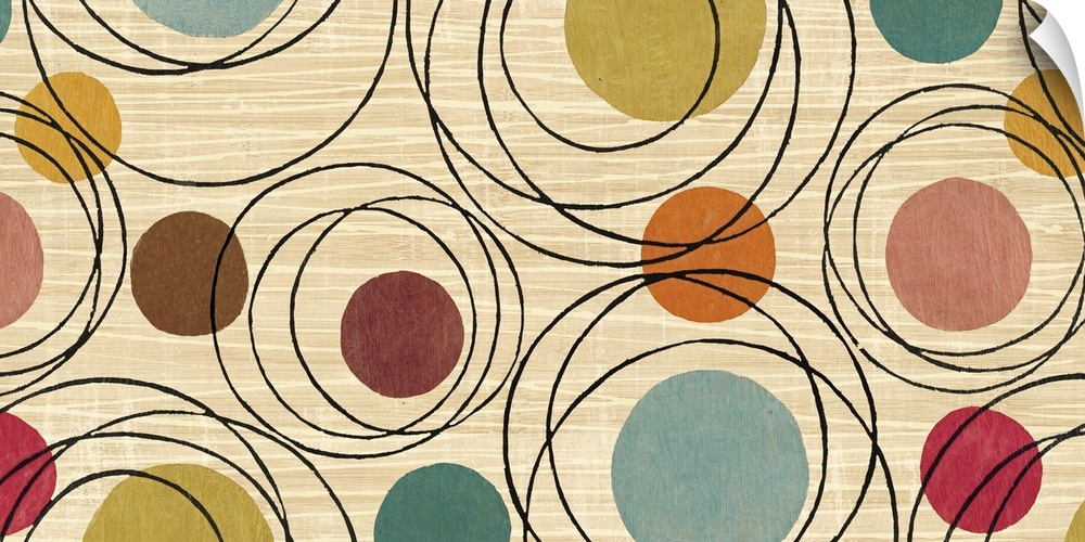 Whimsical abstract painting of several different-colored circles and black rings on a neutral background.