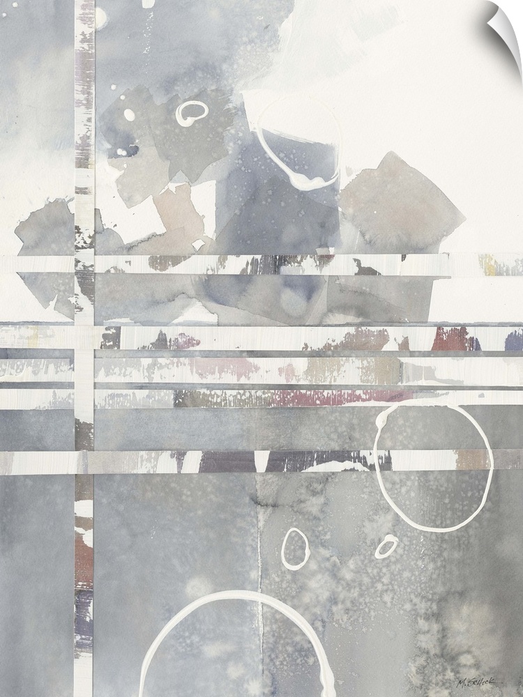 Contemporary abstract watercolor painting with muted tones, white circles, and pasted on lines for depth.