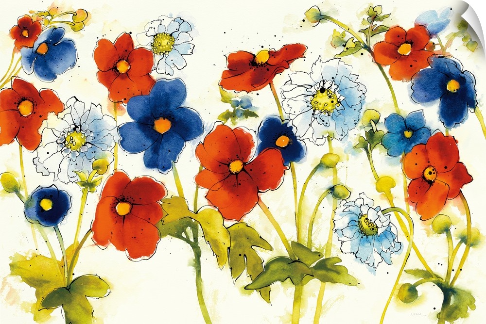 Large watercolor painting with red-orange, blue, and white flowers on a white background with a little bit of black paint ...