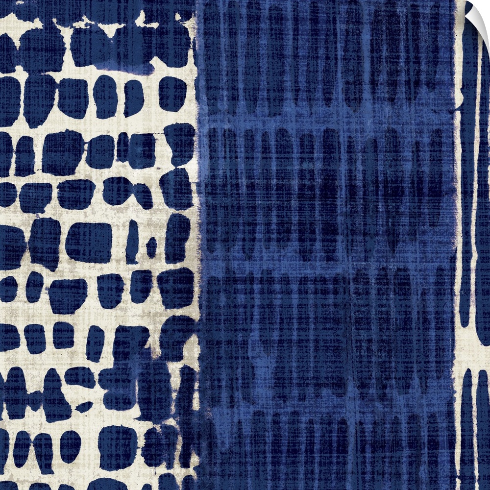 Contemporary abstract artwork of different patterns in dark blue and cream.