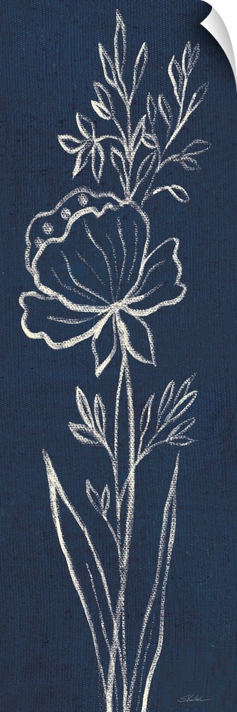 Tall, rectangular painting that has white outlines of a flower and leaves with long stems on an indigo background.