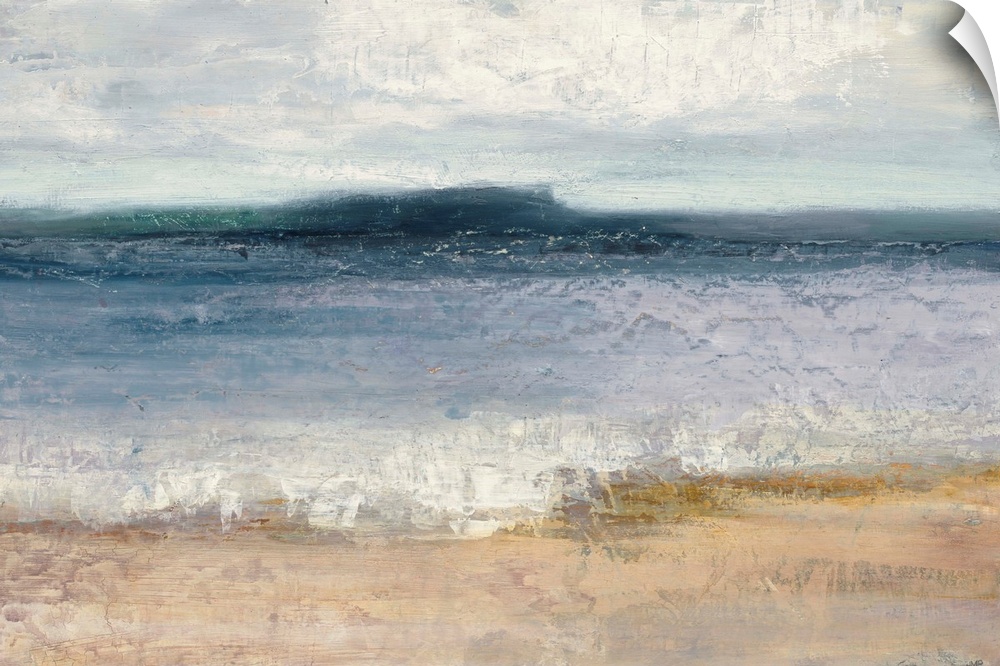 Abstract painting of the ocean and shoreline separated into horizontal sections of color and texture.