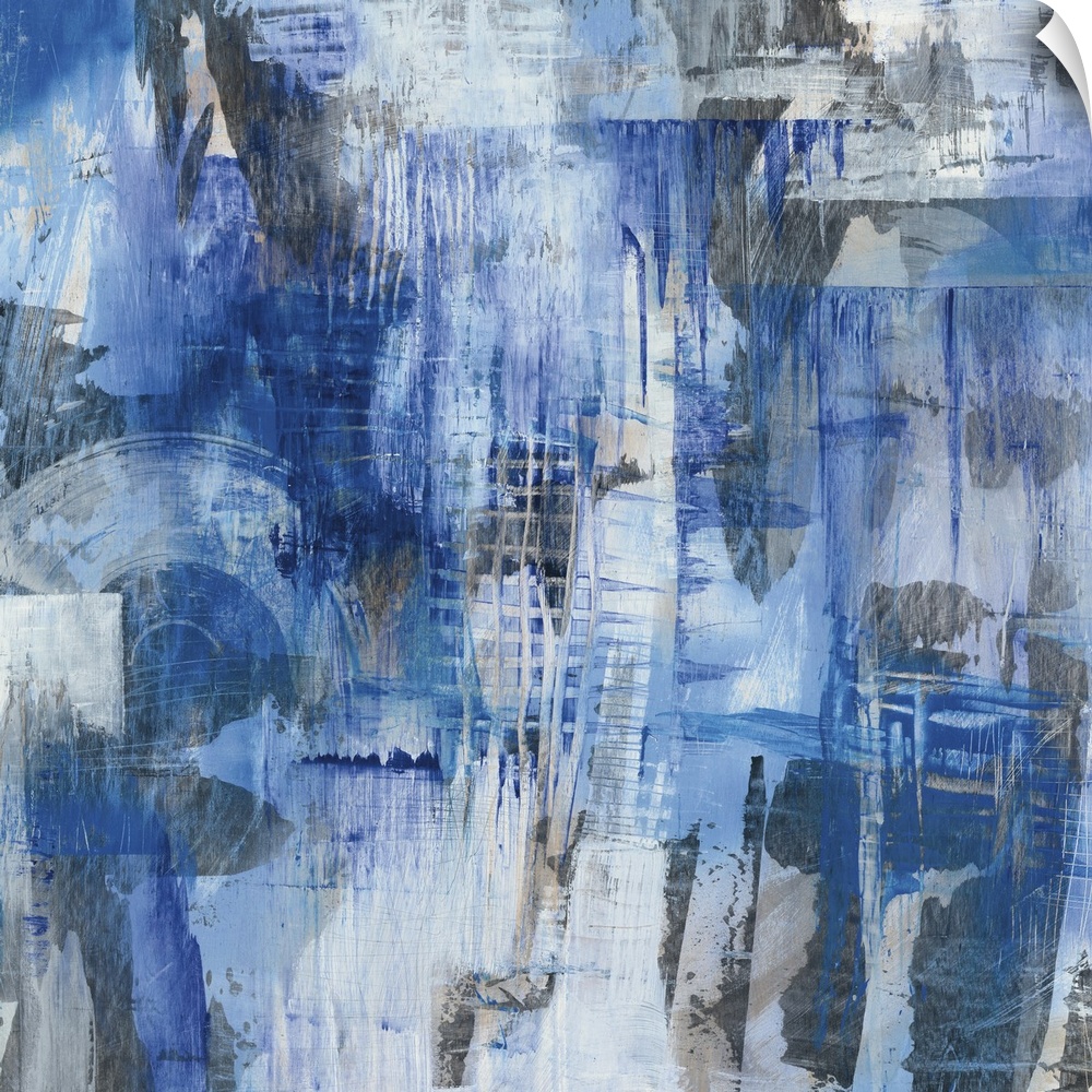 Square abstract painting with blue, gray, and white hues creating different shapes and layers of busy brushstrokes and lin...
