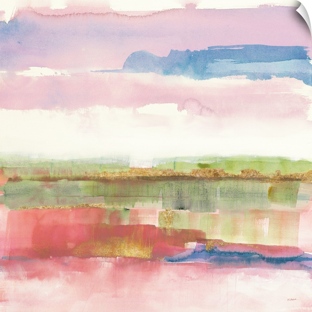 Abstract watercolor painting with pink, purple, blue, green, and gold hues on a white square background.