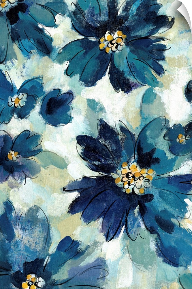 Abstract painting of blue flowers with golden pistils on a beige, blue, and white background made up of small brushstrokes.