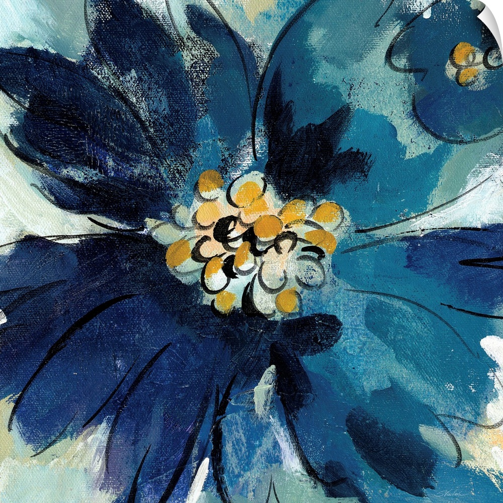 Square painting of one large blue flower and part of a small blue flower, both with gold pistils.