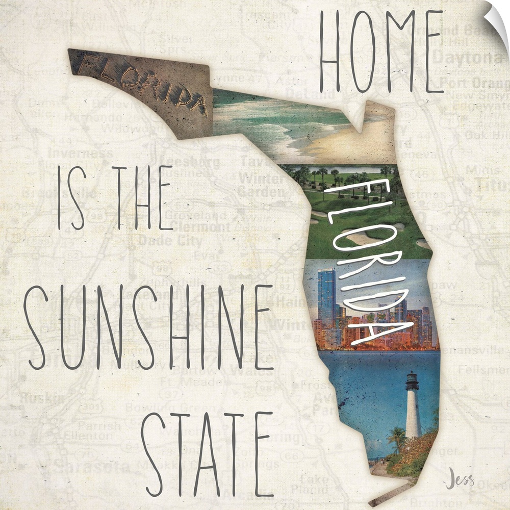 Several scenes in Florida in the outline of the state with "Home is the Sunshine State."