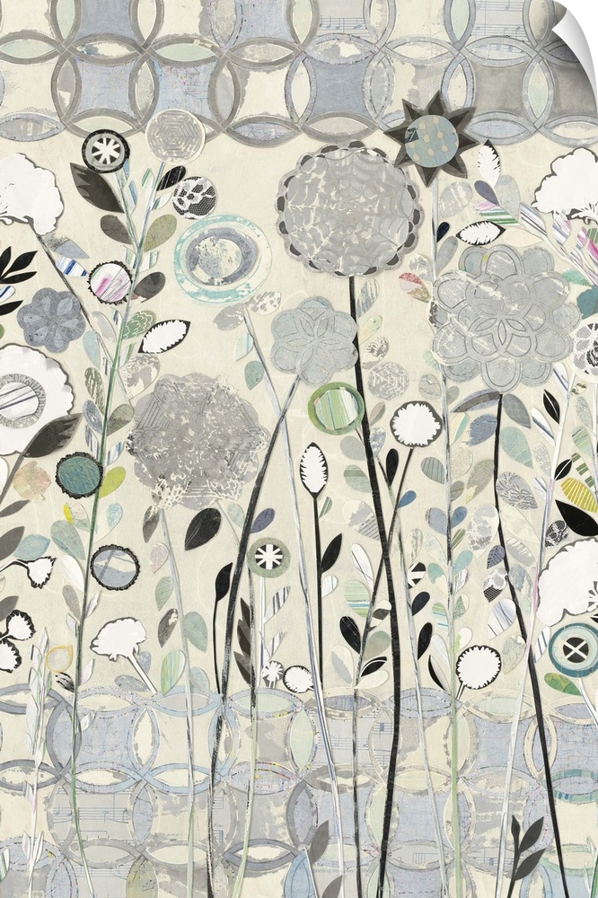 Contemporary painting of garden elements in soft understated colors.