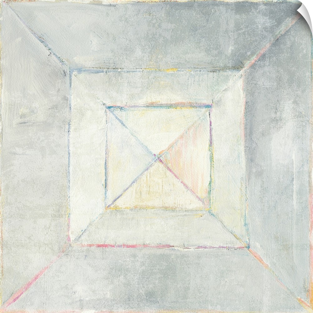 Abstract contemporary painting with lines and square shapes in shades of grey.
