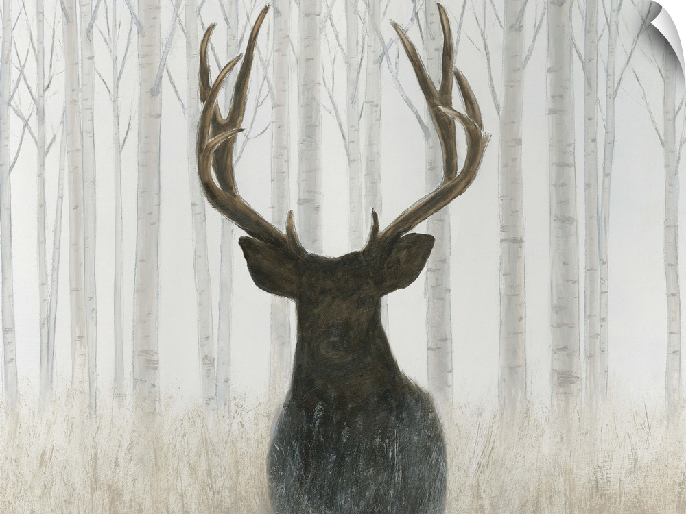 Contemporary painting of a deer silhouette with large antlers in a light forest.